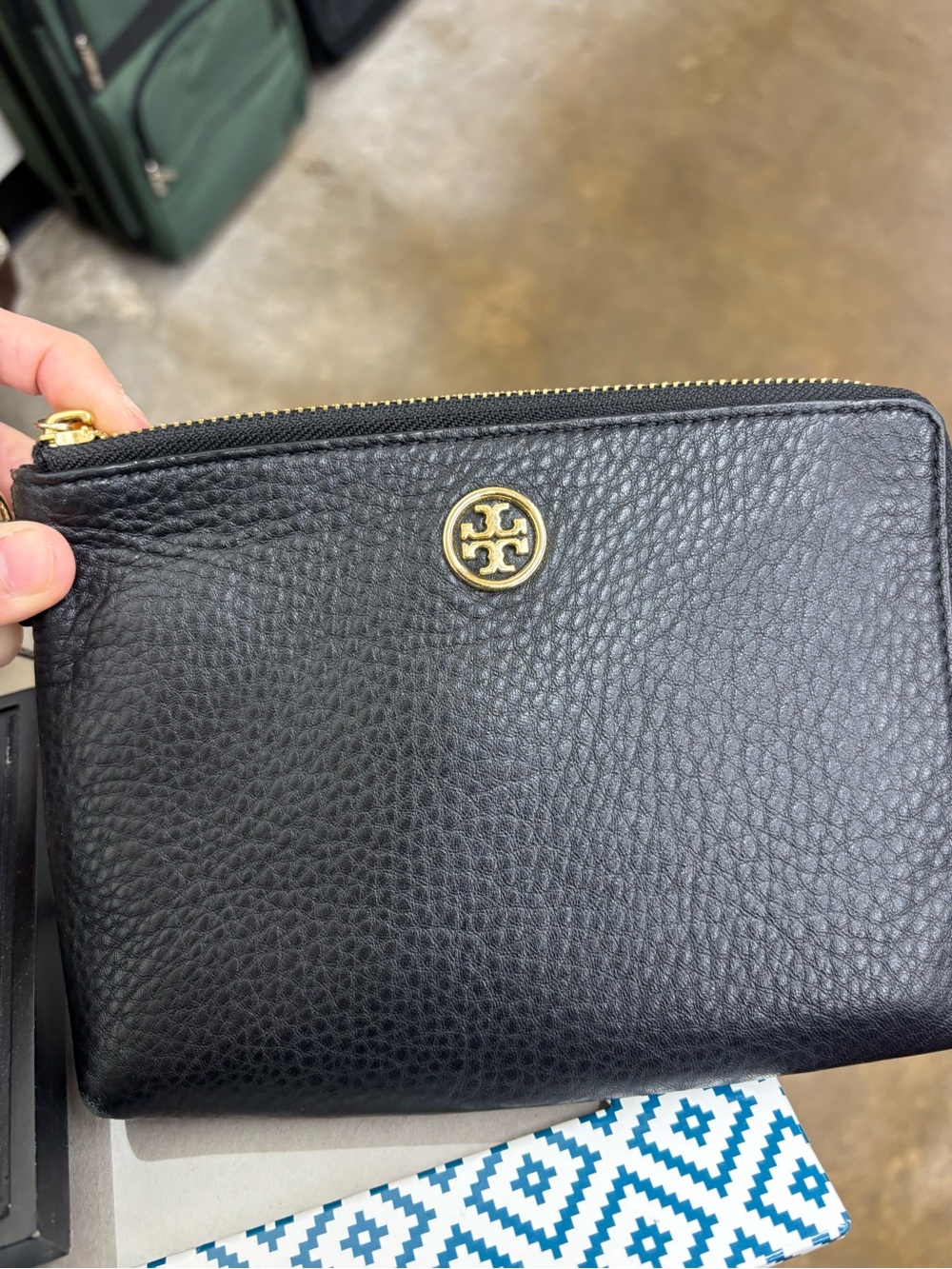 Tory Burch Black Pebbled Leather Wrist Pouch with Gold Logo